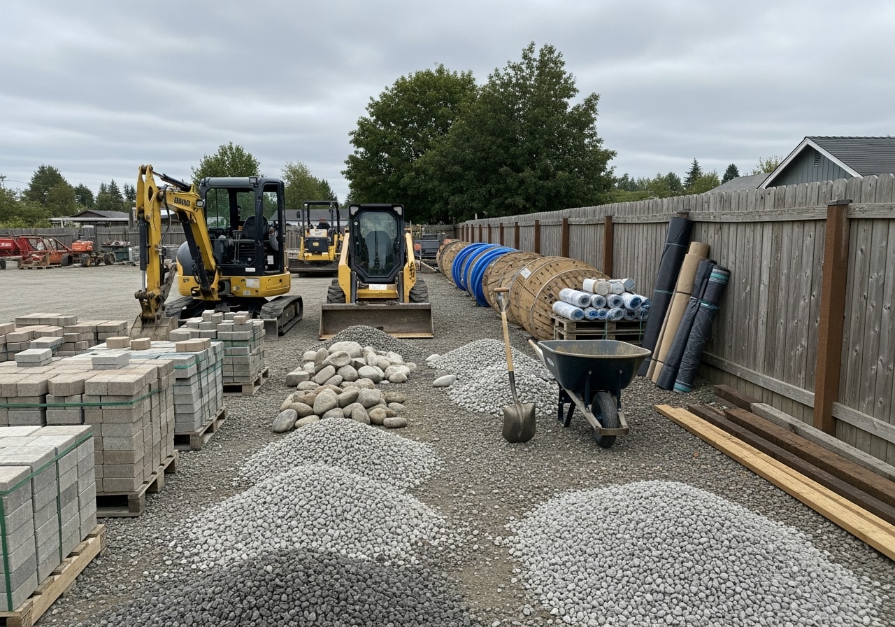 Landscaping crew with professional tools and equipment on a residential property, showing hardscape and garden installation work.