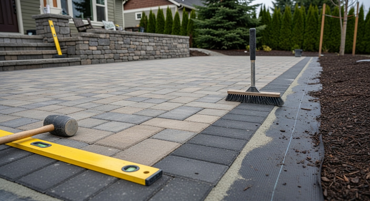 Hardscape installation including patios, driveways, and retaining walls