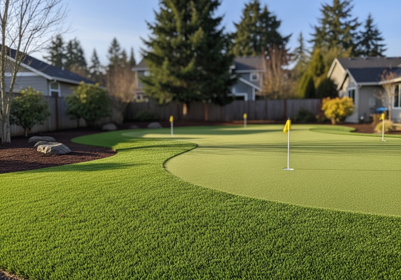 Artificial grass yard with custom putting green in Happy Valley