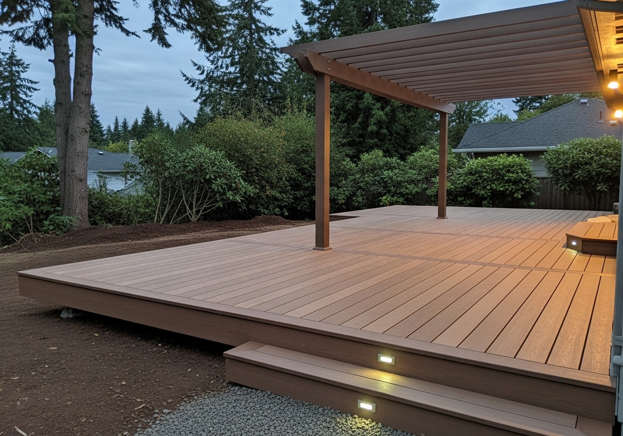 Composite deck with integrated LED lighting and pergola overhang in Lake Oswego