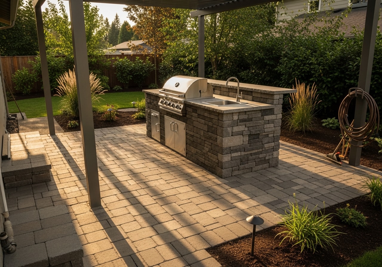 Outdoor kitchen with built-in grill and stone countertops on paver patio in West Linn