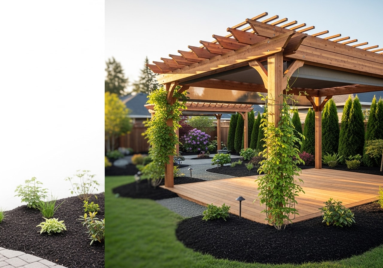 Cedar pergola with climbing vines and landscape design in Ridgefield