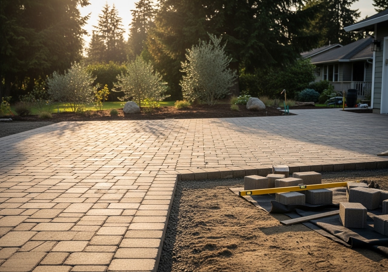 Permeable paver driveway in neutral tones installed in Beaverton