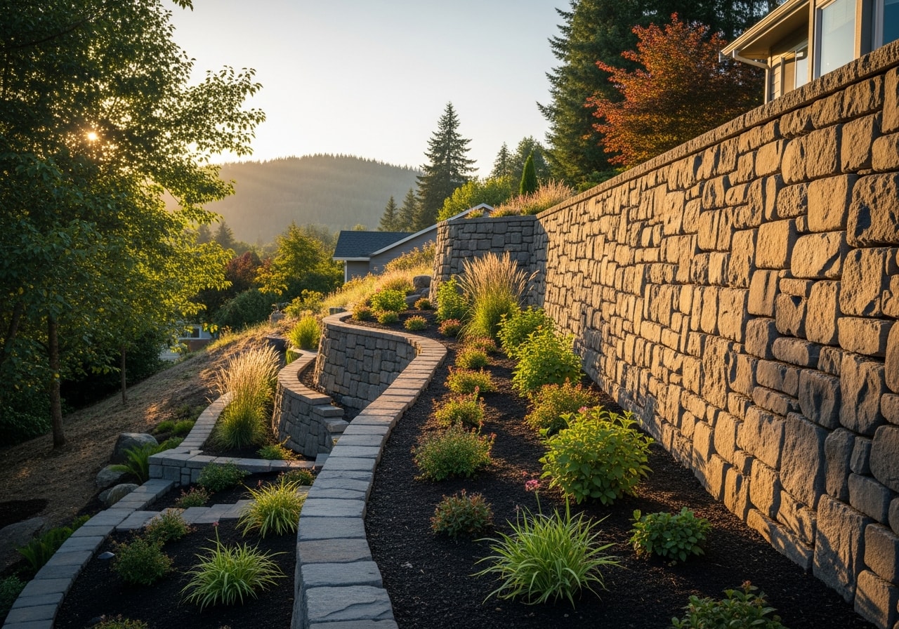 Natural stone retaining wall with tiered planting beds in Camas
