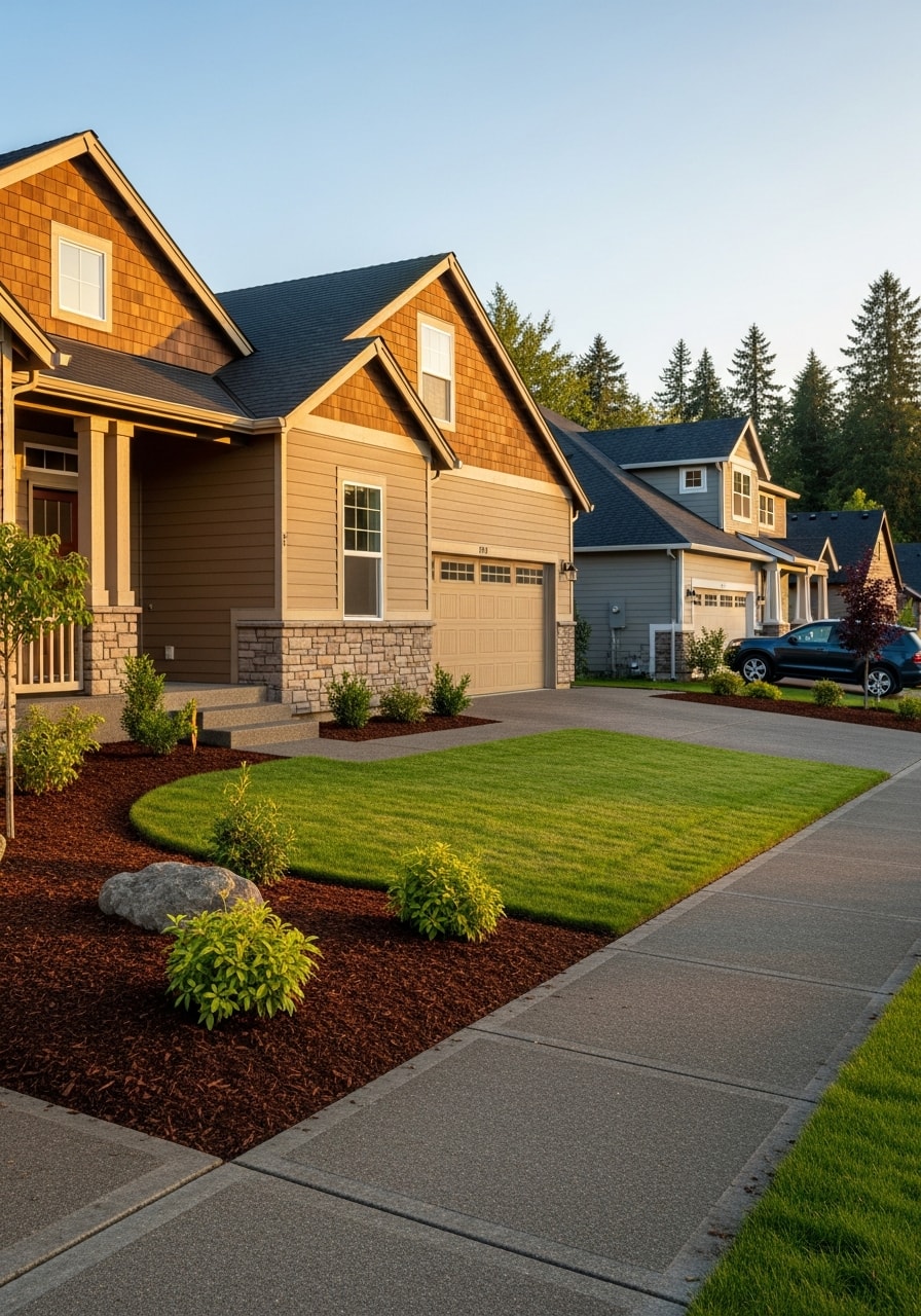 Close-up of a Camas home exterior showing quality craftsmanship and well-maintained landscaping.