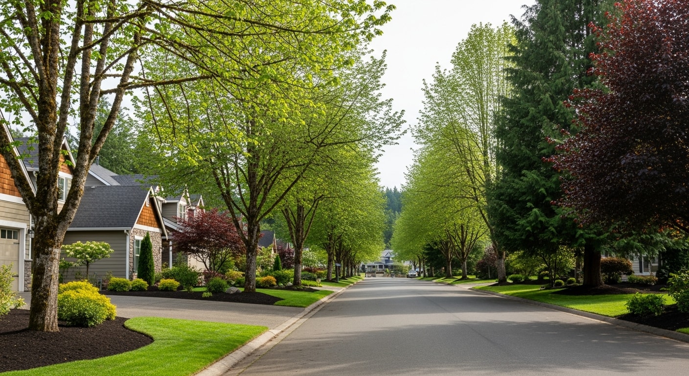 Residential street in Camas with newer homes and mature trees lining the sidewalk.