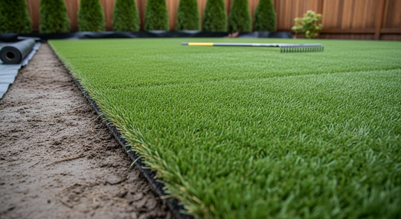 Freshly installed artificial grass covering a residential backyard in Camas, Washington, with clean edges along a concrete border and a compacted base visible at the perimeter. The turf surface is flat, evenly groomed, and a consistent green color with no bare or muddy patches.