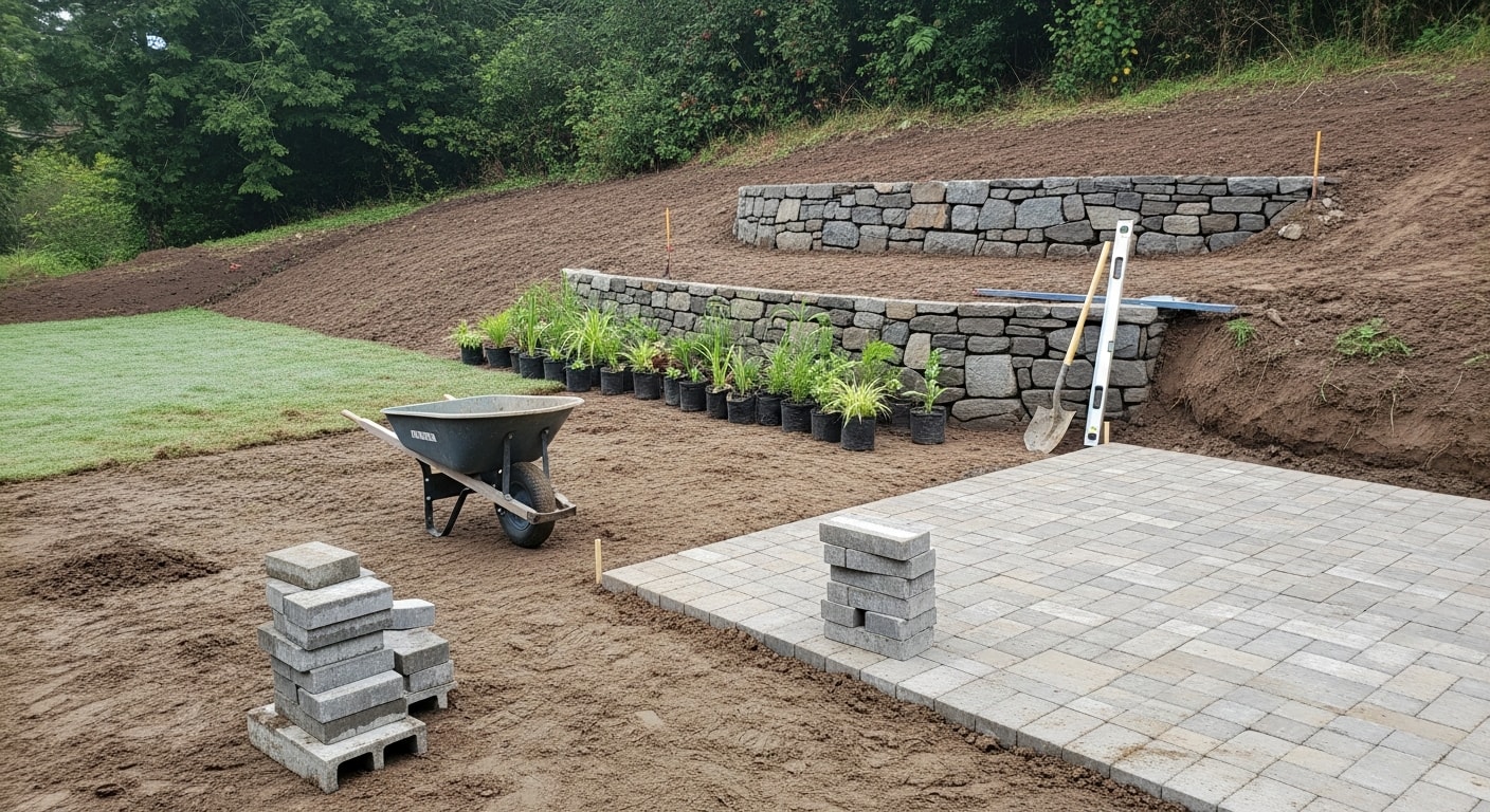 A renovated Camas backyard featuring a level paver patio, structured planting beds, and a graded lawn on a previously sloped lot. The finished space shows clean hardscape lines and Pacific Northwest-adapted plantings installed by VIP Green Landscaping LLC.