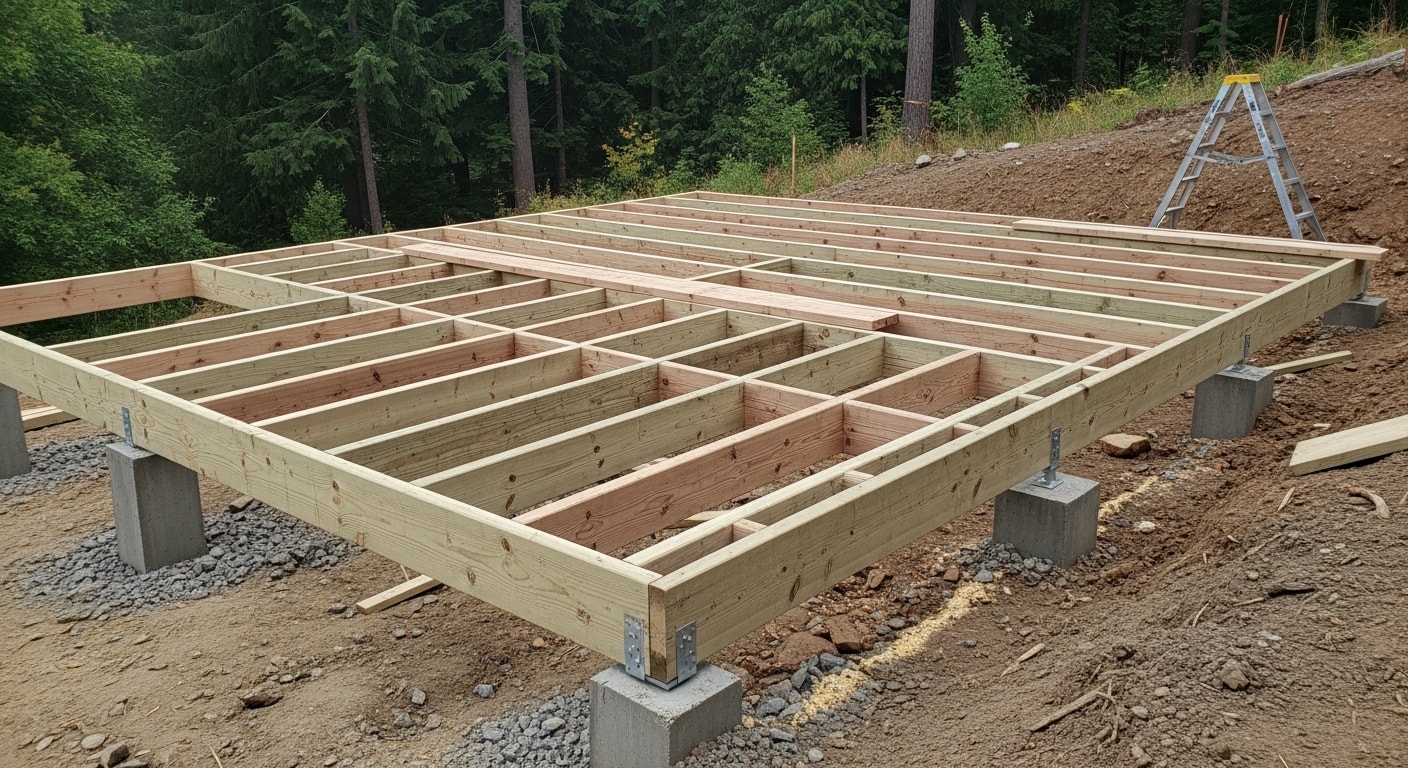 A newly installed wood deck attached to the back of a residential home in Camas, Washington, with clean post framing and a railed staircase leading to a sloped backyard. The deck surface is level and ready for outdoor furniture, with mature Pacific Northwest trees visible in the background.