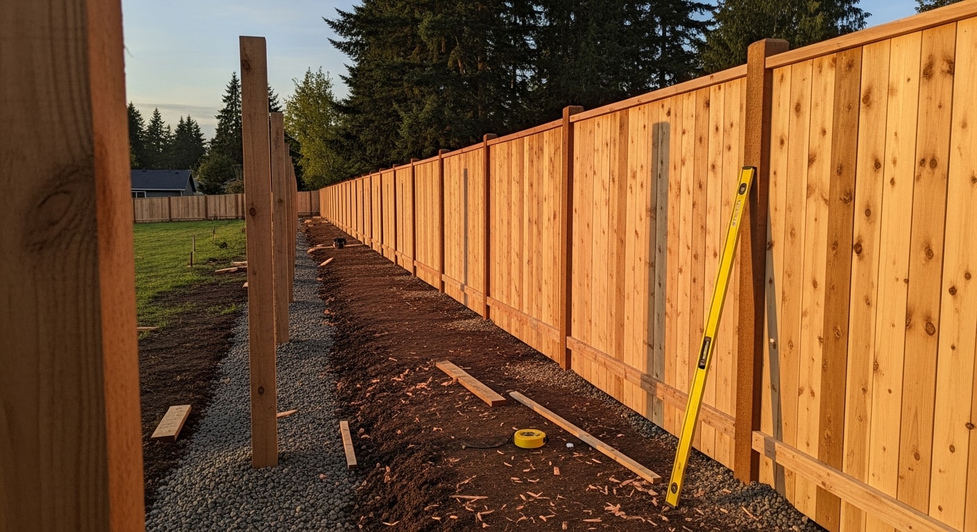 A newly installed wood privacy fence along the backyard boundary of a residential property in Camas, WA, with green landscaping visible on both sides. The fence posts are set straight and the boards are evenly spaced, showing a clean finished installation.