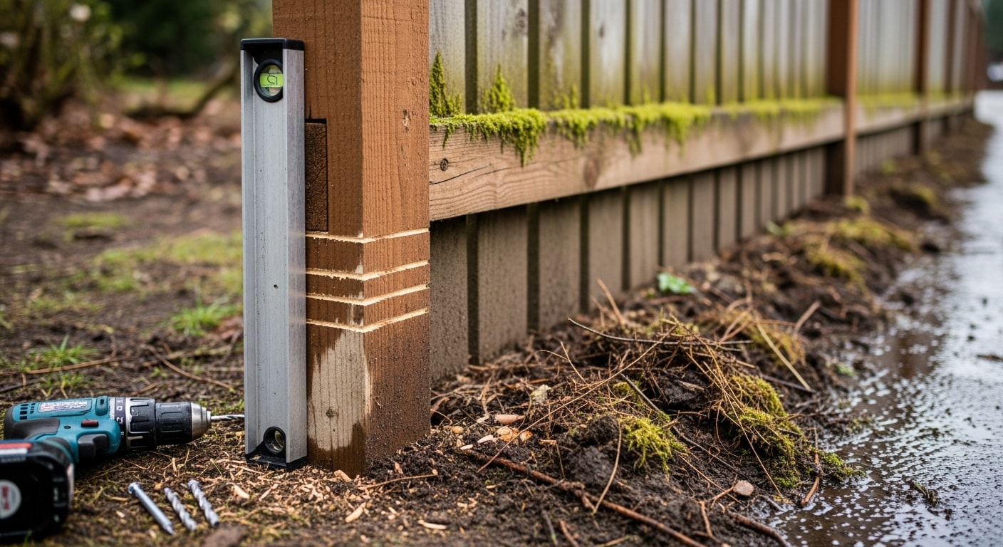 A wood fence along a residential property in Camas, Washington showing cleaned boards, cleared vegetation at the base, and upright posts after a professional maintenance visit. Close view of the post base area with no visible rot, debris, or moss buildup.