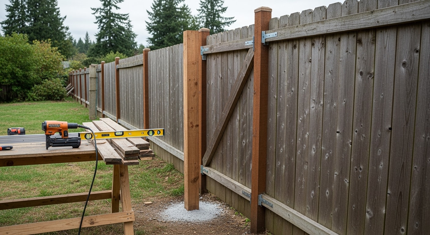 A repaired wood fence with straight posts and replaced panels in a Camas residential backyard. The fence line runs along a green lawn with Pacific Northwest tree coverage visible in the background.