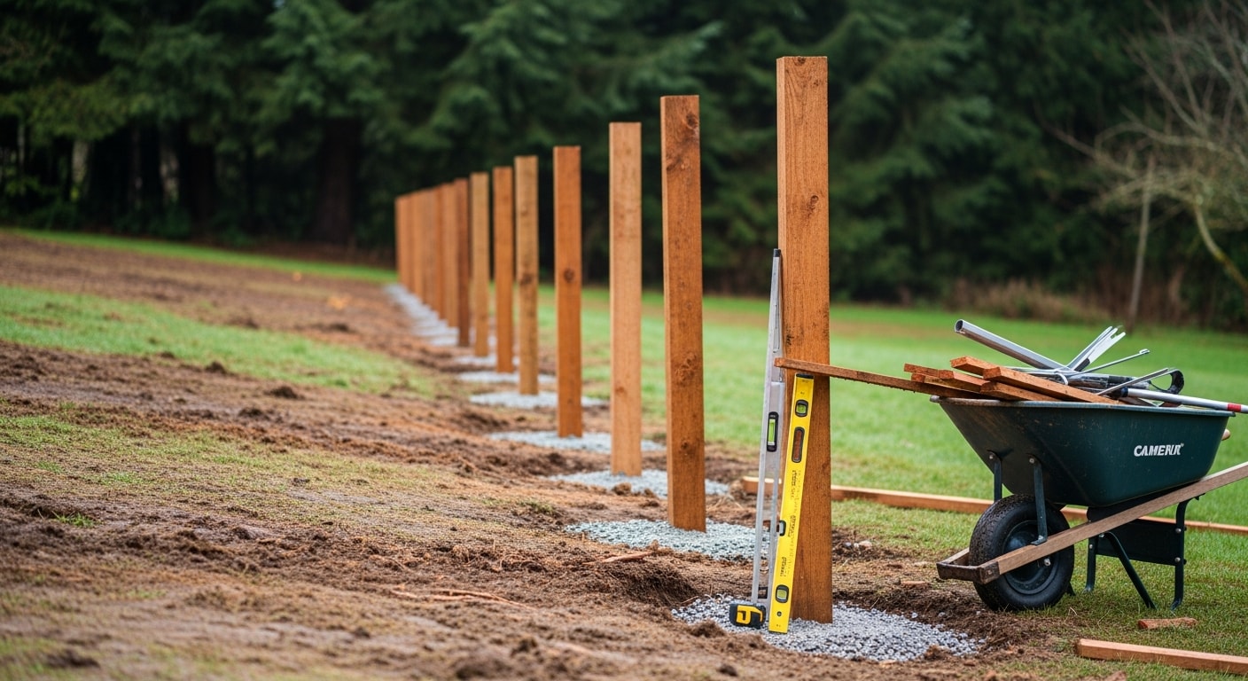 A newly installed wood privacy fence running along the backyard boundary of a residential property in Camas, Washington. The old fence has been removed and replaced with straight, evenly spaced boards and freshly set posts on a gently sloped lot.