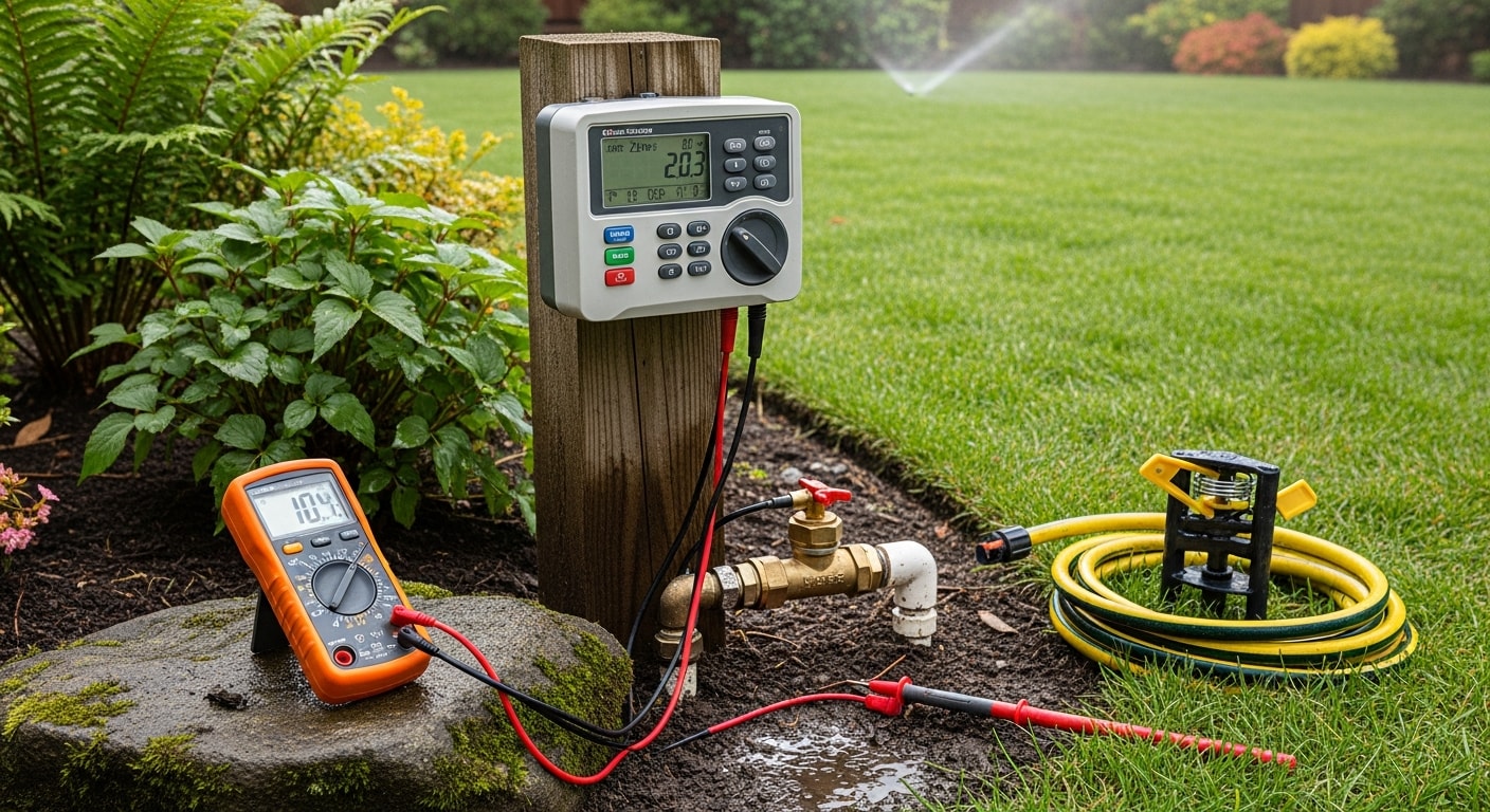 A technician from VIP Green Landscaping LLC adjusting a sprinkler head in a well-maintained residential lawn in Camas, Washington. Green turf and garden beds are visible in the background under a clear summer sky.