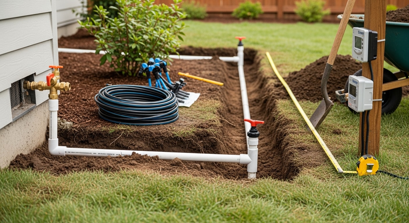 A freshly installed in-ground irrigation system with pop-up spray heads running across a green residential lawn in Camas, Washington. Evenly spaced zones cover a sloped backyard with visible turf and garden bed areas.