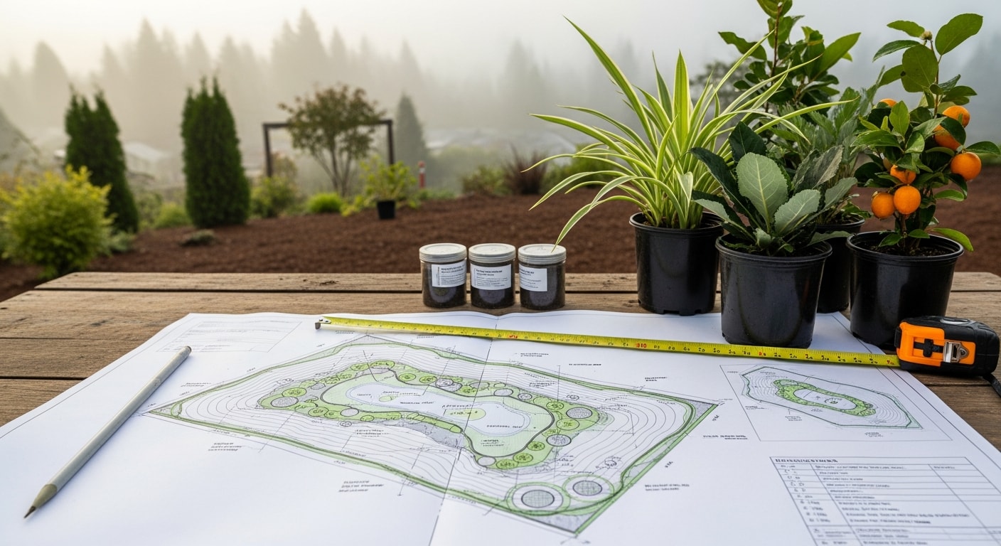 A professionally designed residential backyard in Camas, Washington, featuring layered plantings, a defined lawn area, and a stone patio built on a gently sloped lot. The yard shows clean bed edges, mixed shrubs, and structured hardscape suited to the Pacific Northwest climate.