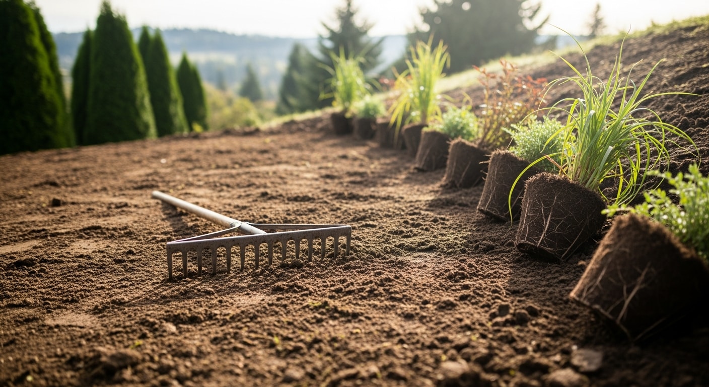 A freshly installed residential landscape in Camas, WA showing a green sod lawn, planted shrub beds, and a graded front yard on a gently sloped lot. VIP Green Landscaping LLC completed the installation including soil preparation and plant placement suited to the Pacific Northwest climate.