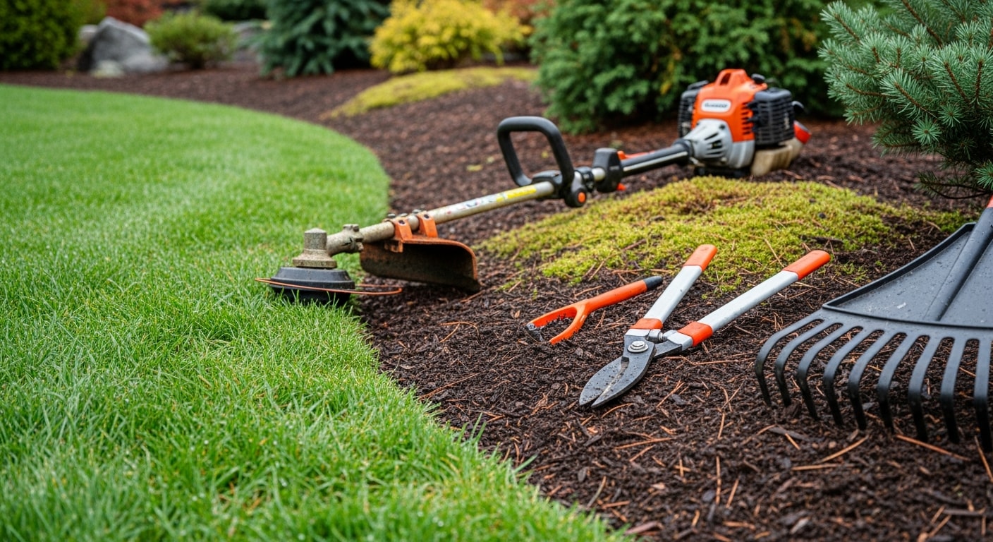 A well-maintained residential front yard in Camas, WA with freshly mowed turf, clean bed edges, and trimmed shrubs along the property line. A landscape maintenance crew member uses a commercial edger along a concrete walkway on a Pacific Northwest overcast day.