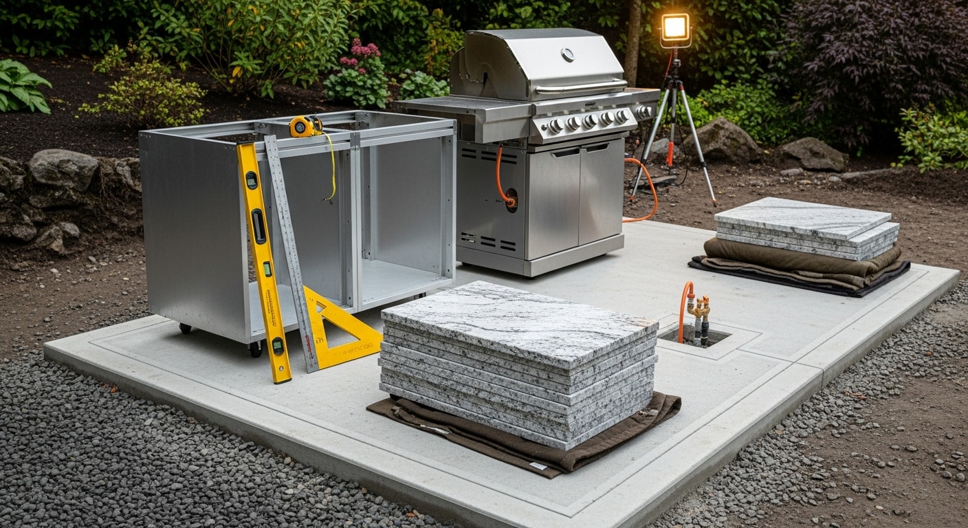 A completed custom outdoor kitchen installation in a Camas, WA backyard, featuring a built-in grill station, weather-resistant countertops, and cabinetry on a level concrete base. The structure sits against a landscaped yard with Pacific Northwest greenery visible in the background.