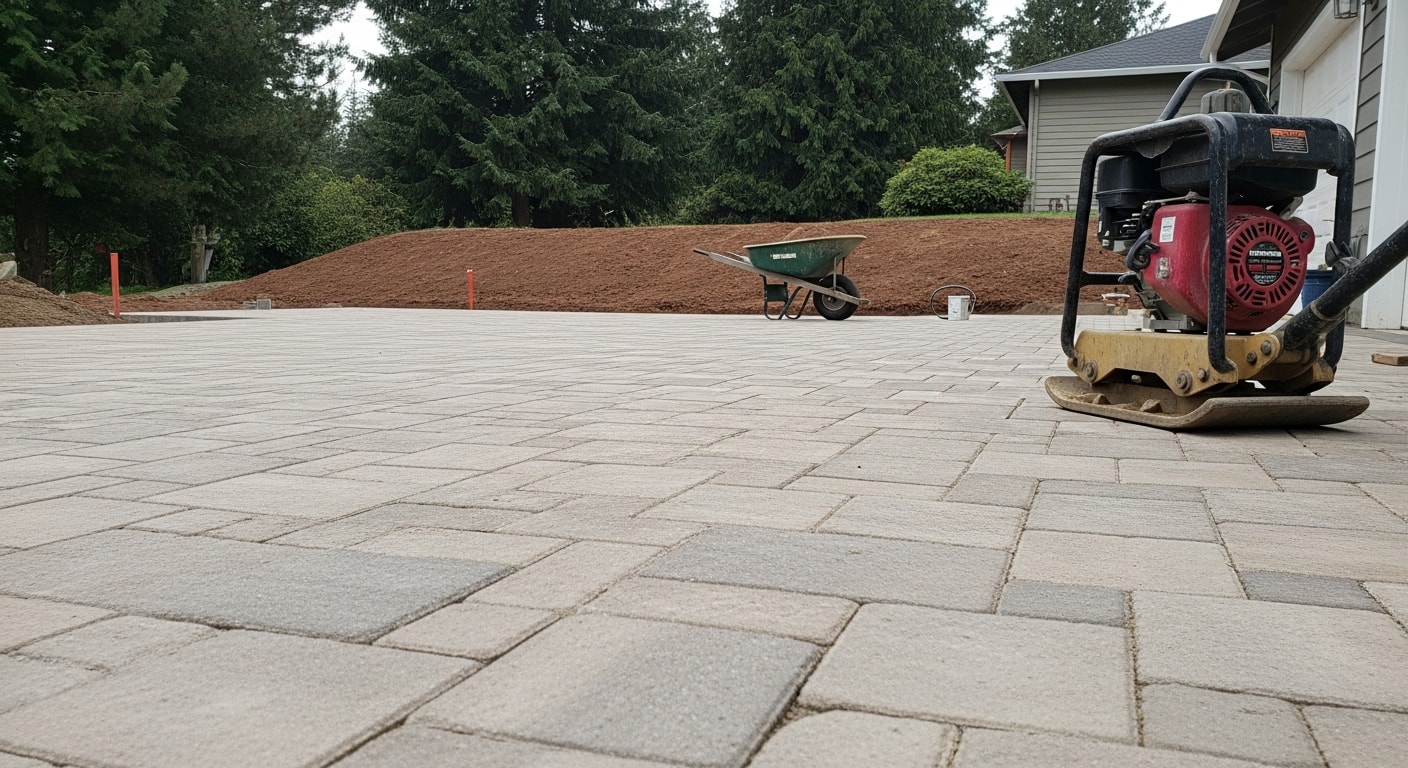 Newly installed interlocking paver driveway at a residential home in Camas, Washington, with a clean herringbone pattern leading from the street to the garage. The surface shows tight joints and a level finish consistent with professional hardscape installation in the Pacific Northwest.