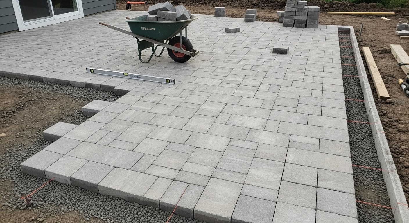 Completed paver patio in a Camas, Washington backyard with a level surface, clean joint lines, and a defined outdoor seating area. The surrounding landscape shows the Pacific Northwest setting with mature greenery along the property edge.