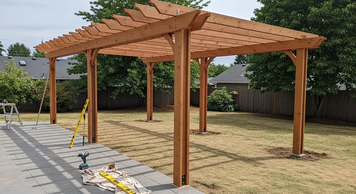 A newly installed wood pergola in a Camas, Washington backyard, positioned over a paver patio with open beam rafters casting filtered shade on an outdoor seating area. The structure sits against a residential home with a landscaped yard visible in the background.