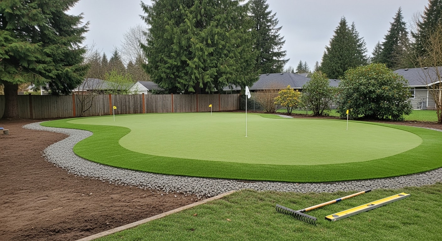 A custom backyard putting green installed by VIP Green Landscaping LLC in Camas, Washington, featuring a shaped synthetic turf surface with fringe border and multiple cup locations. The green sits within a residential backyard landscape on an overcast Pacific Northwest day.