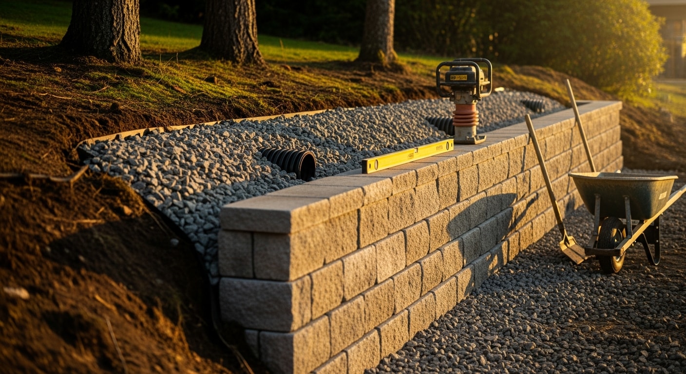 A completed multi-tiered retaining wall built by VIP Green Landscaping LLC on a sloped residential property in Camas, Washington. The wall holds back a hillside and creates level yard space with clean stone courses and a visible drainage edge at the base.