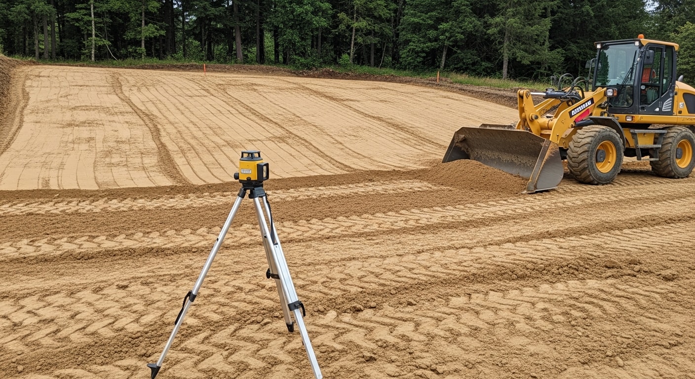 A Camas residential property with freshly graded and compacted soil, sloped terrain leveled and shaped for drainage ahead of landscape installation. A landscape contractor operates a skid steer to clear and grade the yard on a sloped lot in Camas, WA.